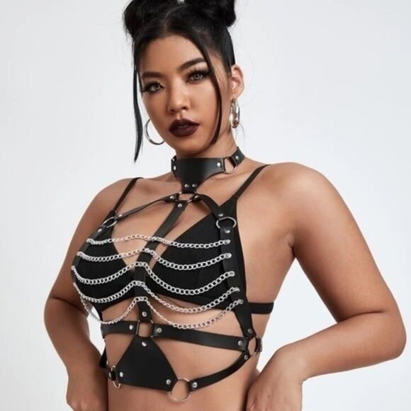 PU Leather Chest Body Chain Harness Choker Belt Plus Size 1XL OR 2XL Available - Picture 1 of 5